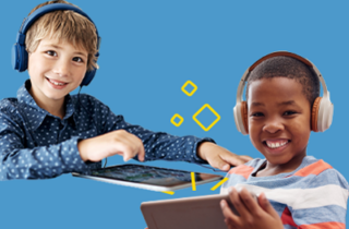 Two boys, one white and one black, are both wearing headphones and using tablets on a blue background.