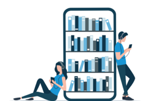 An illustration of girl and a boy lean against a giant screen with books on it.