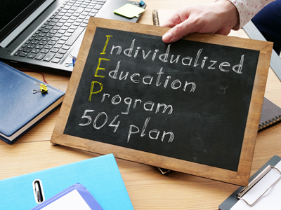 The following is written on a chalkboard: Individualized Education Progam 504 Plan