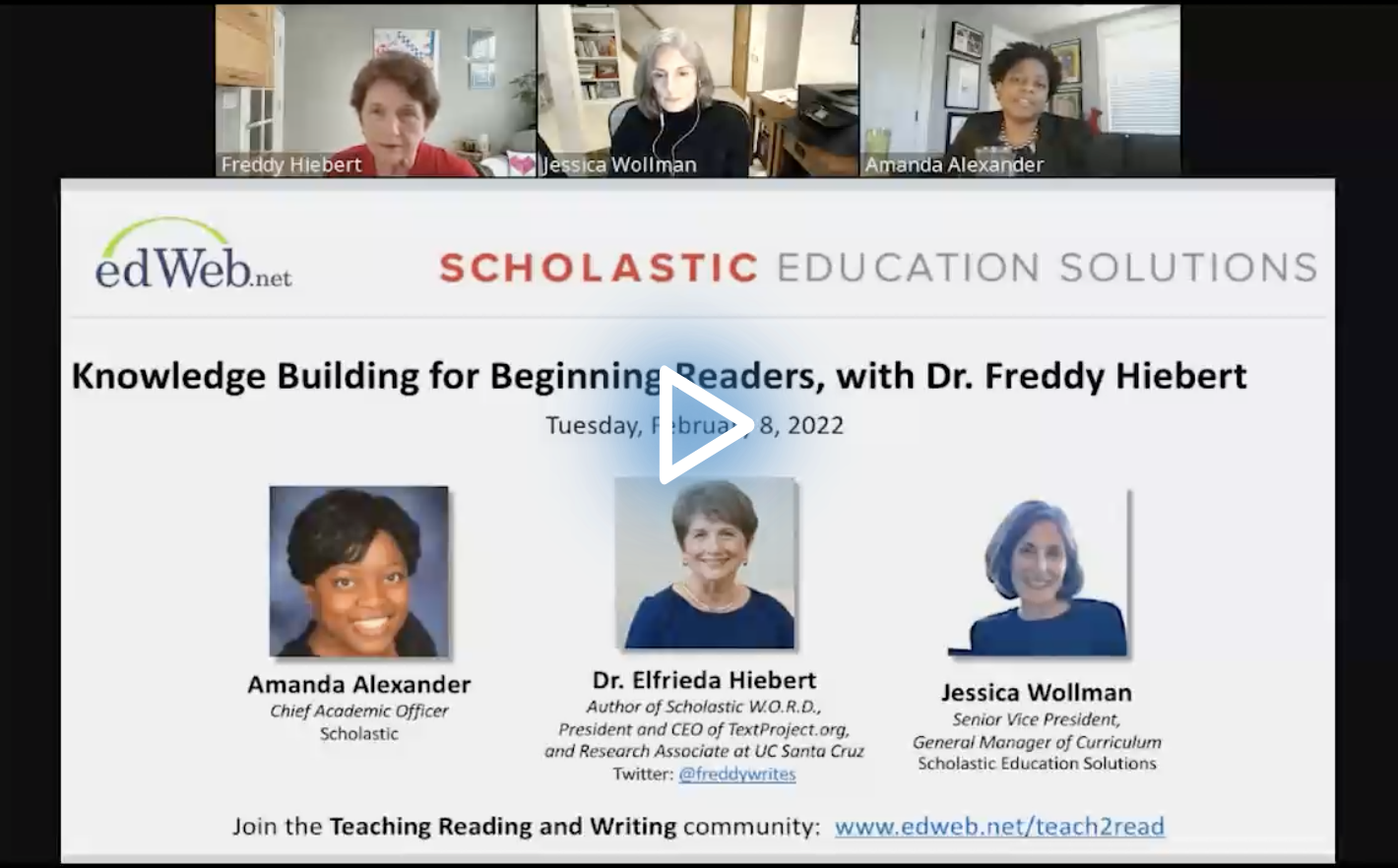 Knowledge Building for Beginning Readers, with Dr. Freddy Hiebert edLeader Panel recording link
