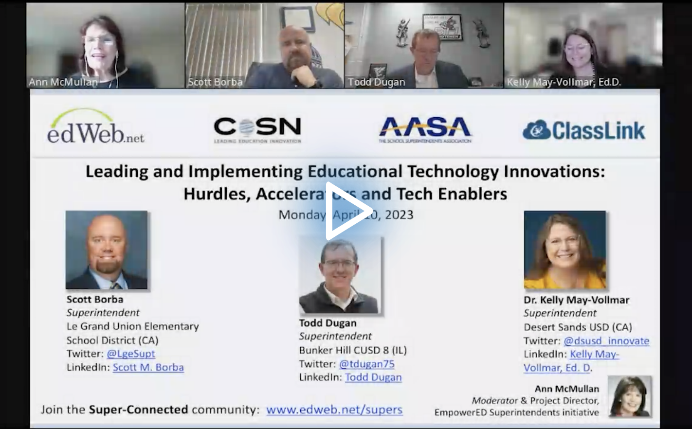 Leading and Implementing Educational Technology Innovations: Hurdles, Accelerators, and Tech Enablers edLeader Panel recording screenshot
