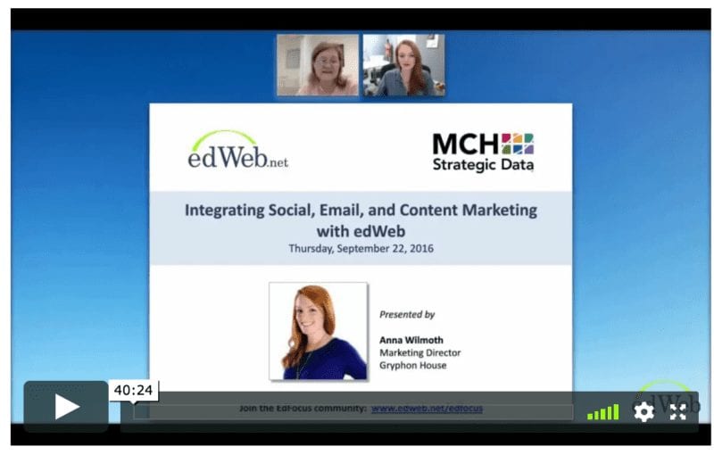 Integrating Social, Email, and Content Marketing with edWeb opening slide with link to watch