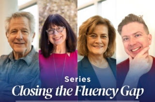Event image with Jerry Zimmermann, Maryanne Wolf, Carolyn Brown, and Tim Odegard. The image is labeled Closing the Fluency Gap Series.