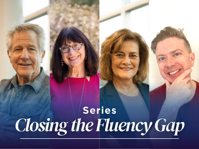 Event image with Jerry Zimmermann, Maryanne Wolf, Carolyn Brown, and Tim Odegard. The image is labeled Closing the Fluency Gap Series.